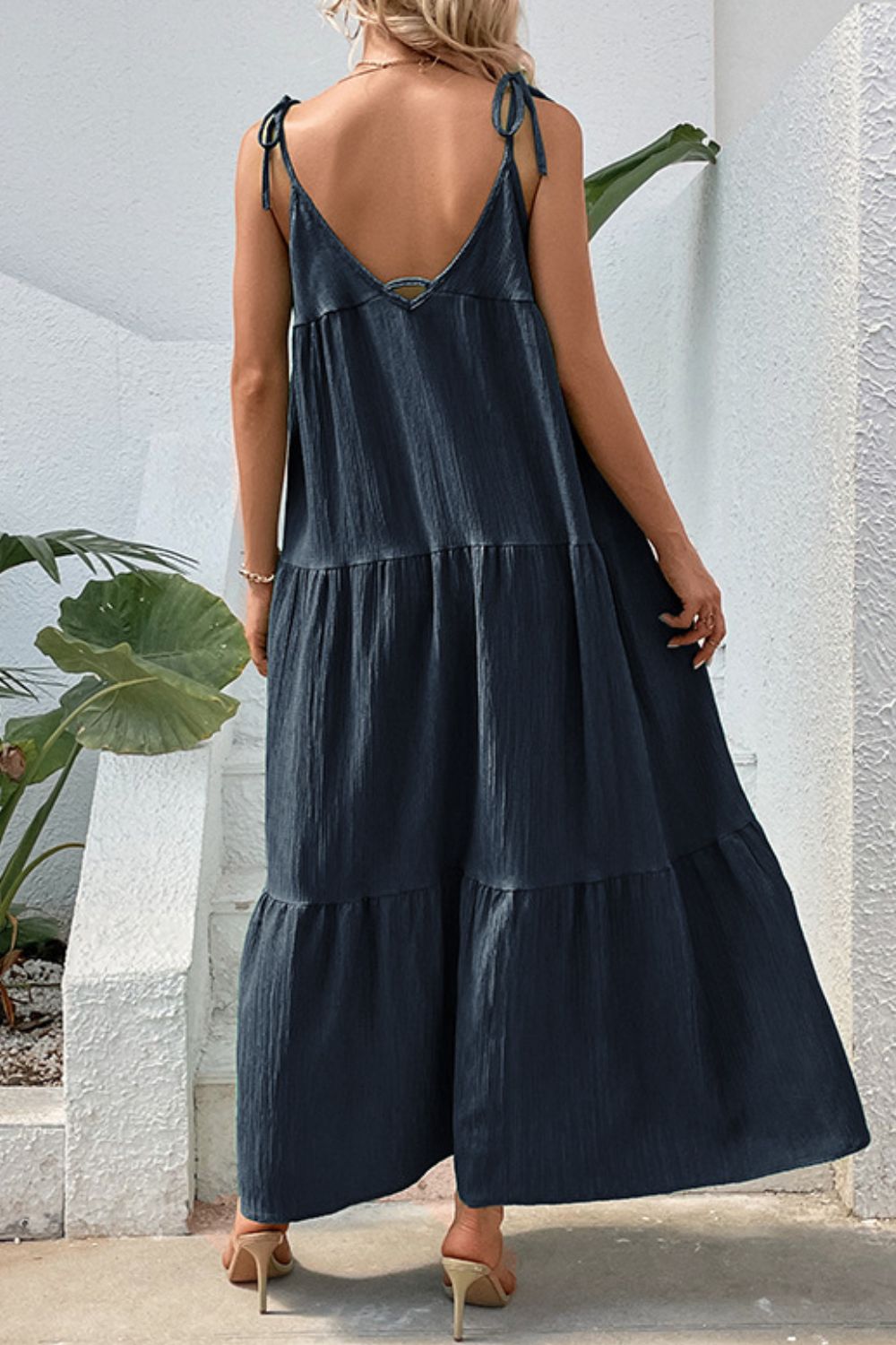 Perfee Tie-Shoulder Tiered Maxi Dress