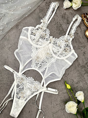 White Vintage Embroidered Lace Lingerie Set - 2 pcs set