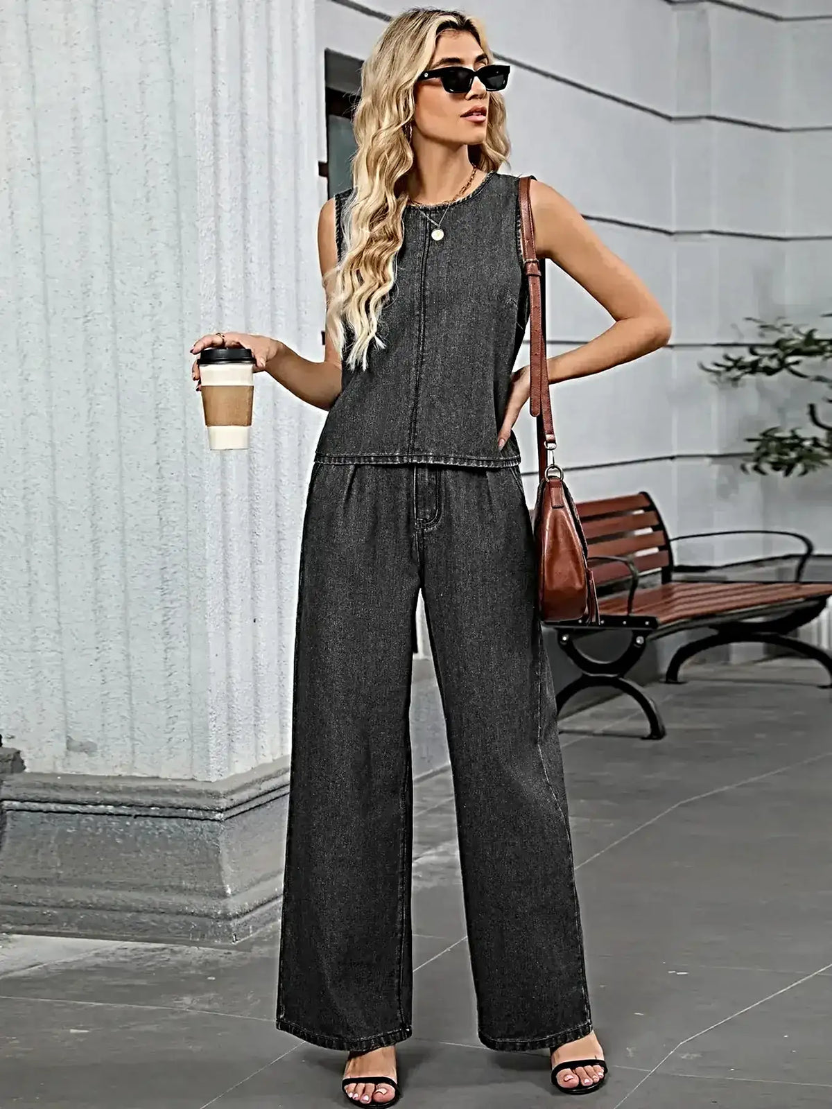 Round Neck Tank and Pants Denim Set -