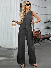 Round Neck Tank and Pants Denim Set -