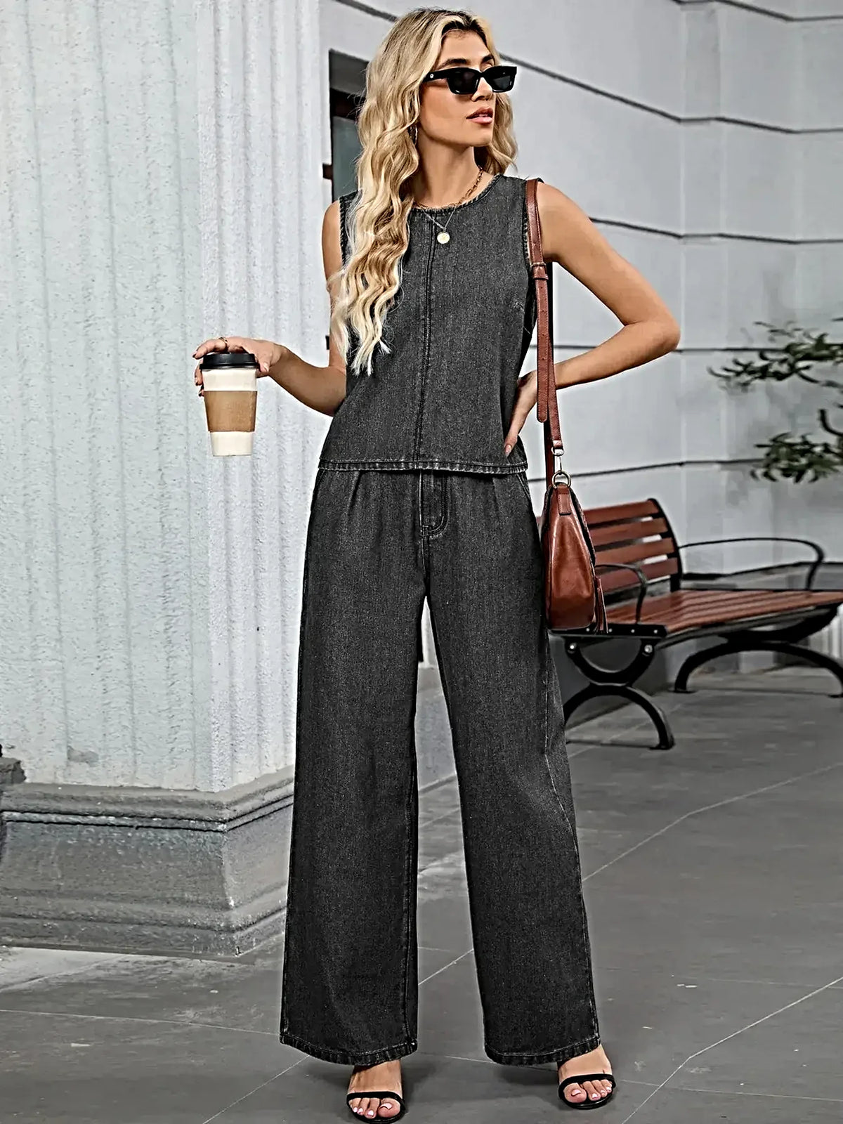 Round Neck Tank and Pants Denim Set -