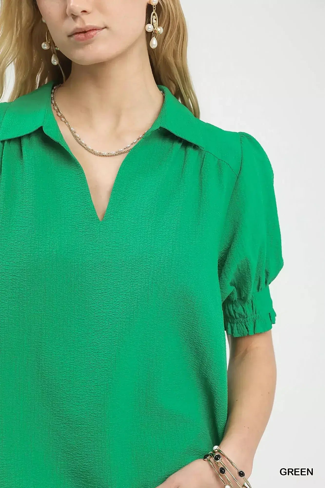 Elegant Seersucker Blouse with Puff Sleeves and Split V-Neck Design, 100% Polyester -