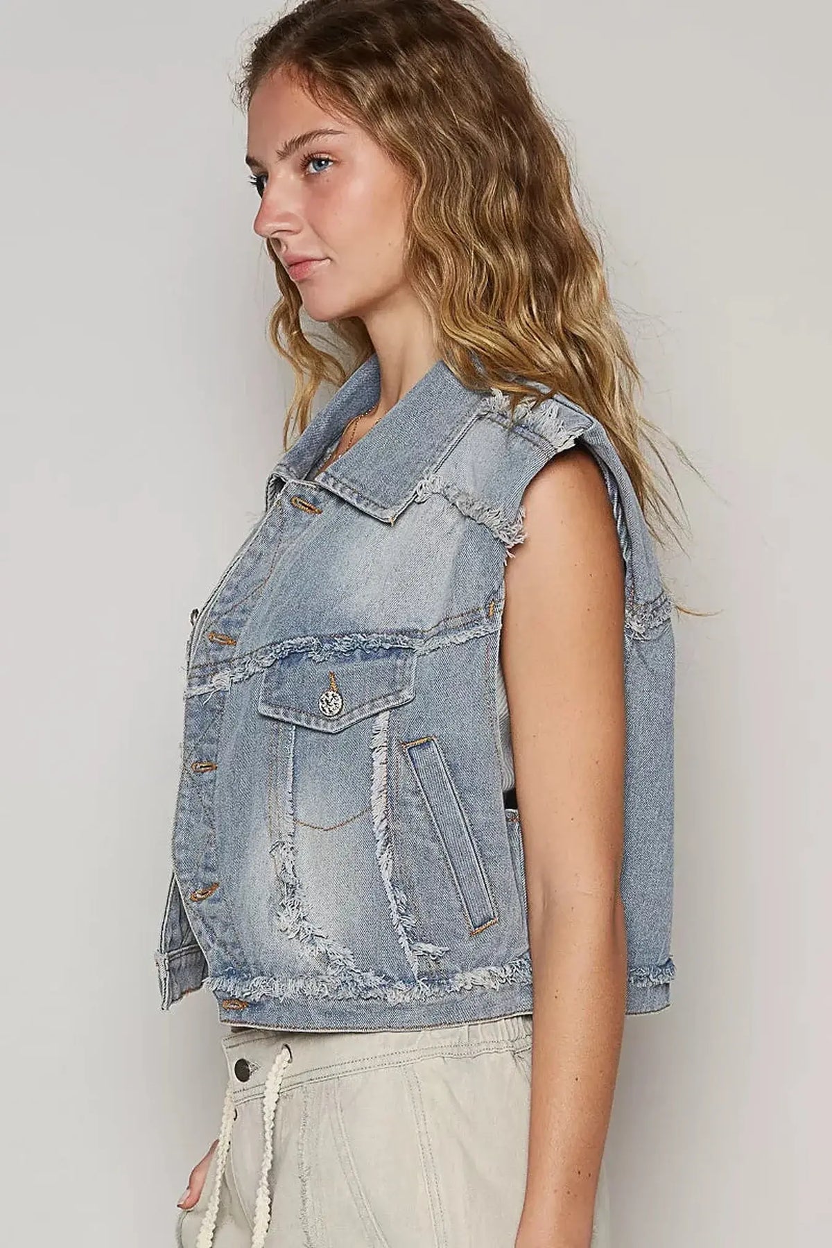 POL Assymetrical Front Closure Raw Hem Denim Vest -