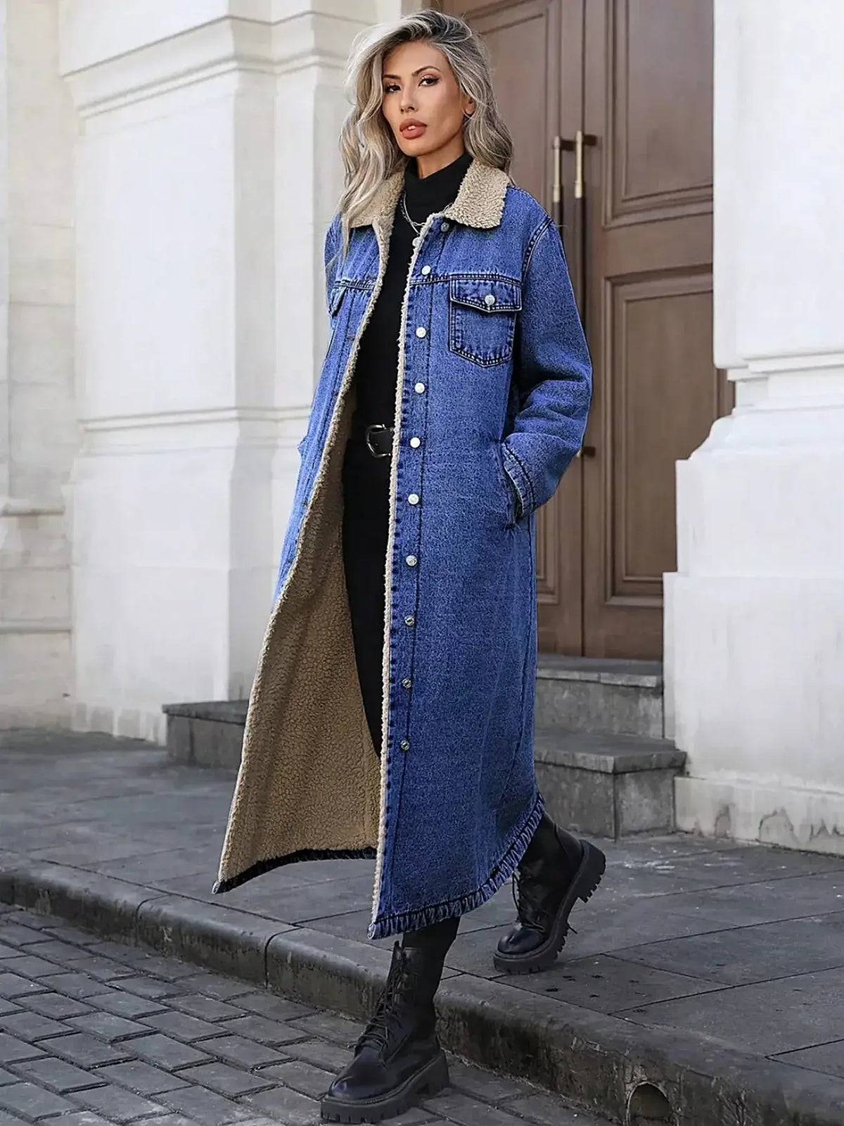 Sherpa Lined Longline Denim Jacket -