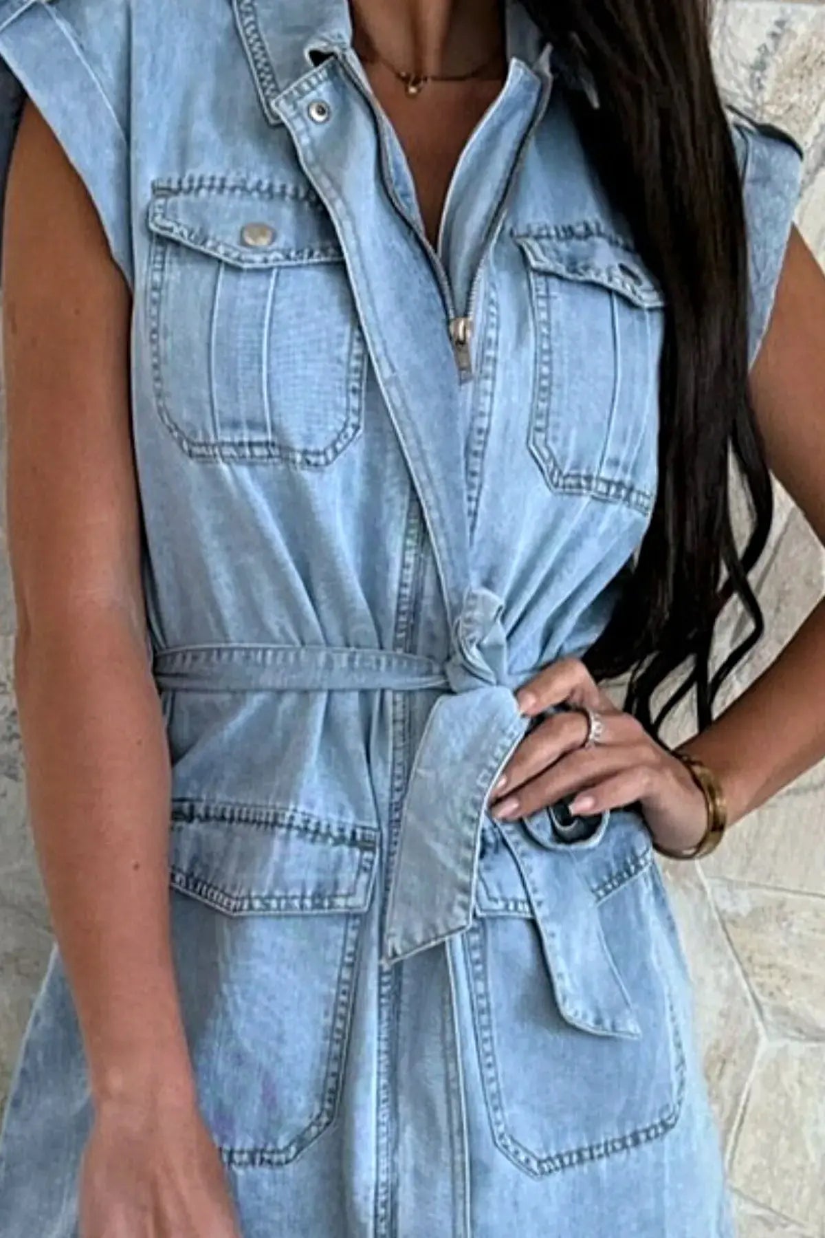 Casual Tie Waist Denim Mini Dress -