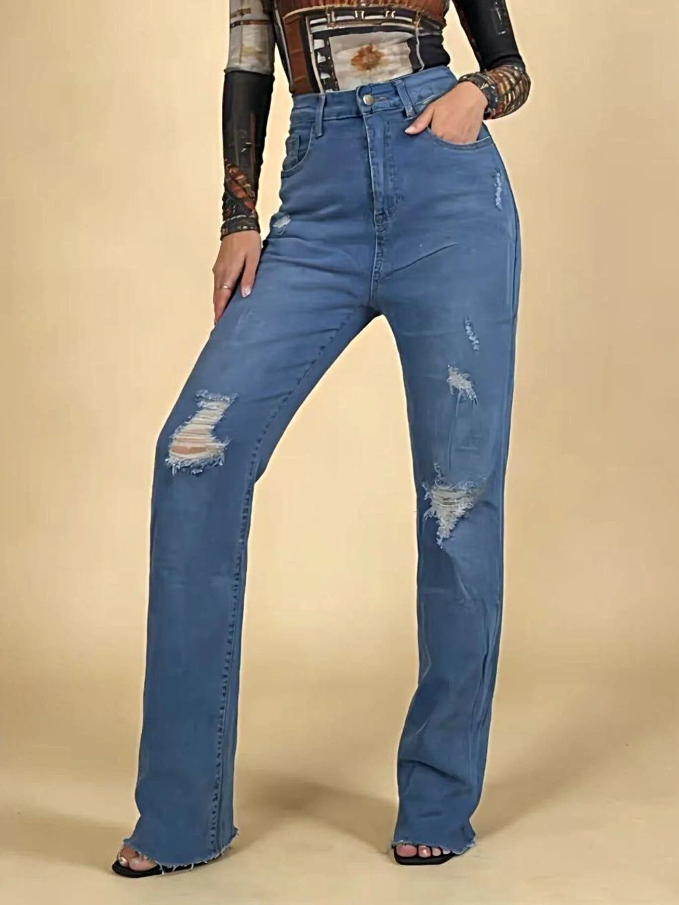 High-Waisted Distressed Jeans -