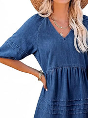 Casual V-Neck Puff Sleeve Denim Mini Dress -