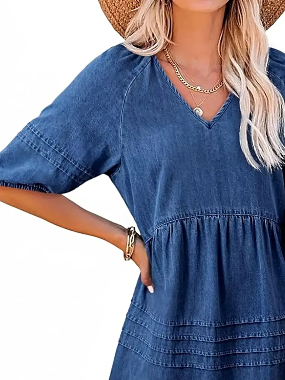 Casual V-Neck Puff Sleeve Denim Mini Dress -