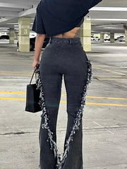 Frayed Trim High Waist Flare Jeans -