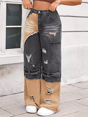 Two-Tone Ripped Wide Leg Jeans -