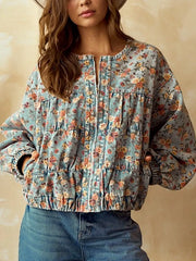 Floral Print Zip Up Cropped Denim Jacket -