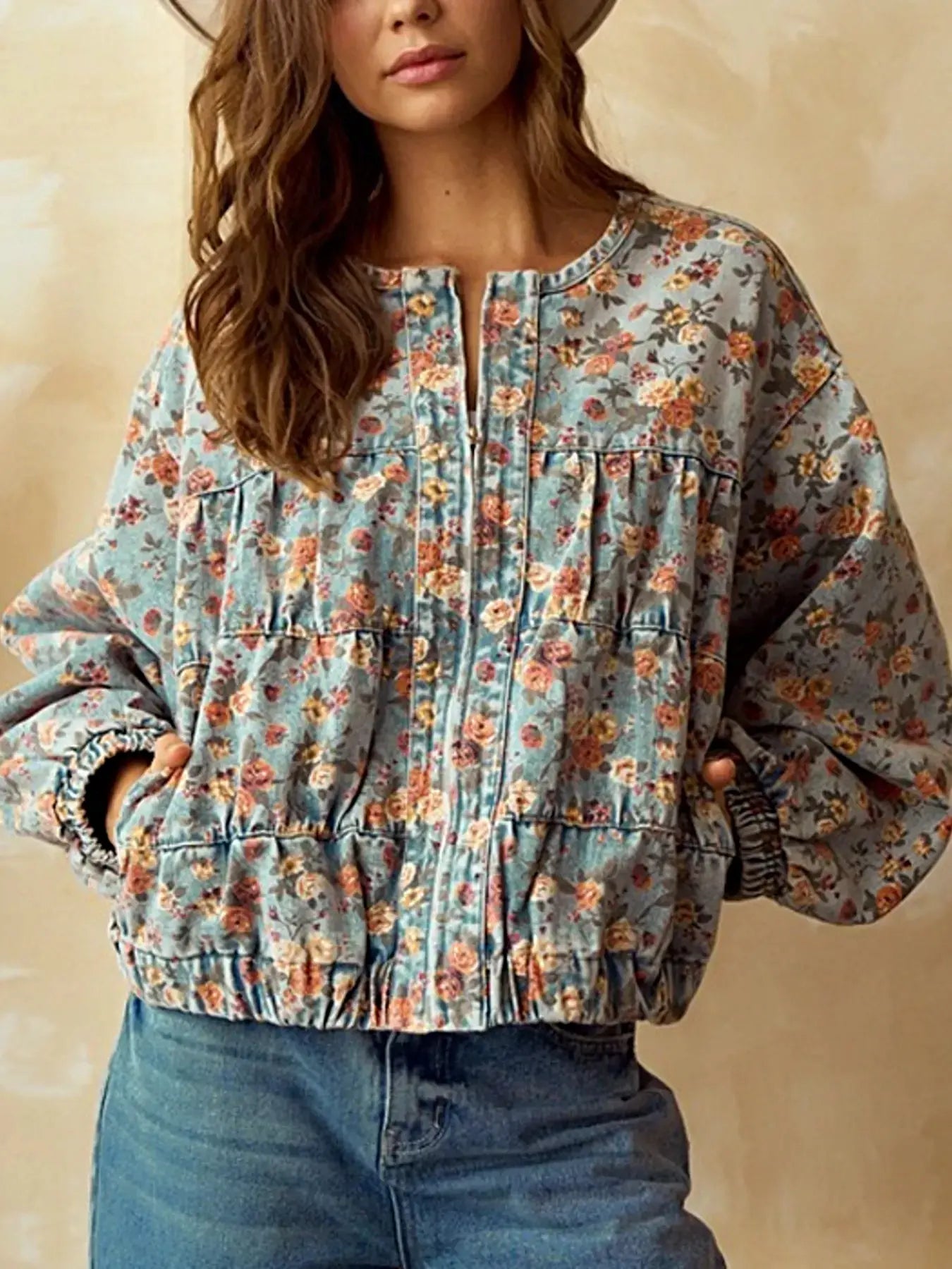 Floral Print Zip Up Cropped Denim Jacket -