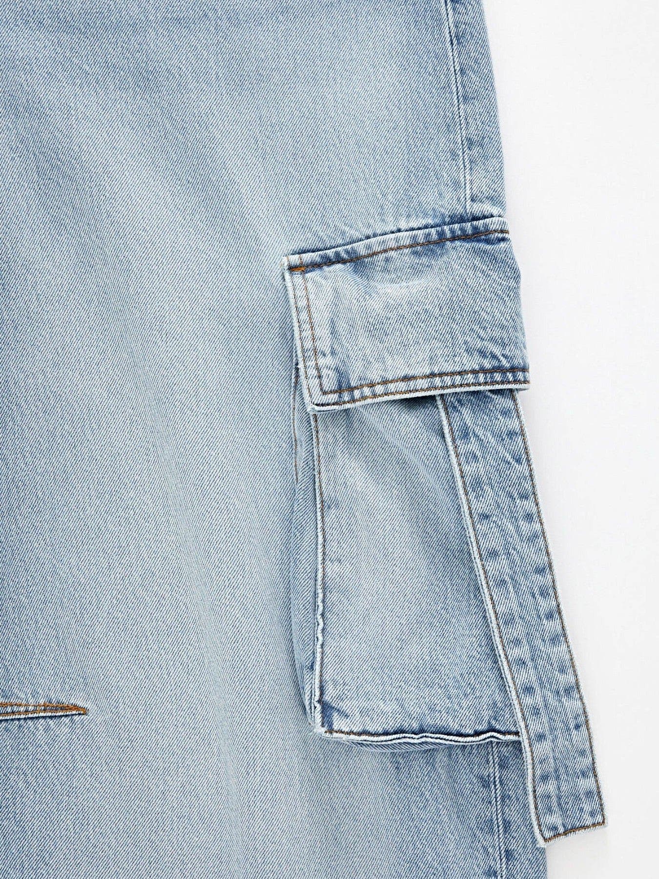Vintage Wash Wide Leg Cargo Jeans -
