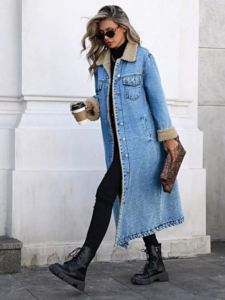 Sherpa Lined Longline Denim Jacket -