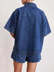 Button Up Short Sleeve Top and Shorts Denim Set -