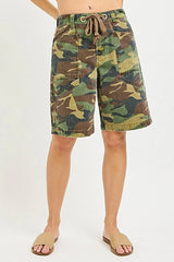 RISEN Camo Print Slouchy Jorts with Eyelet Drawstring -