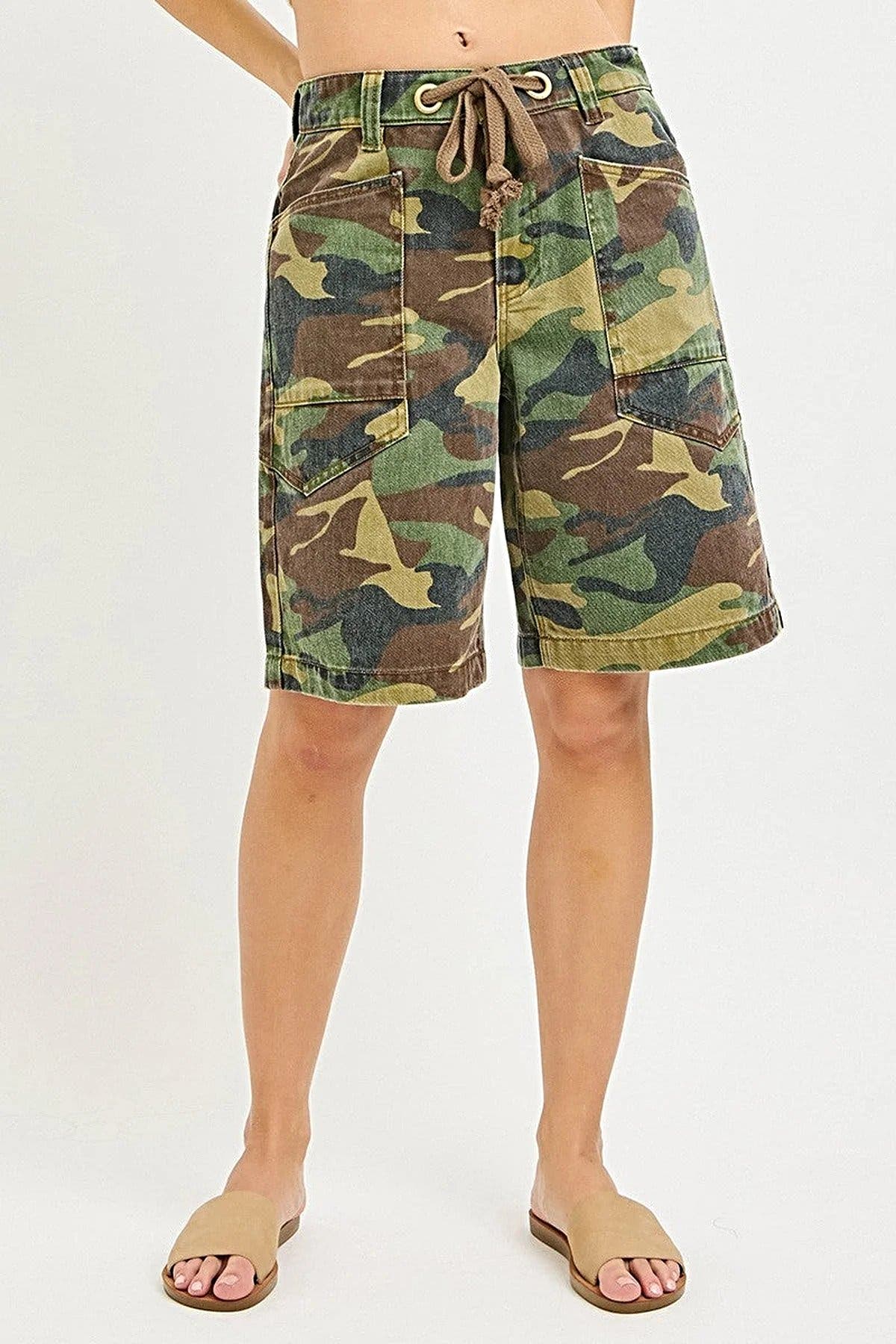 RISEN Camo Print Slouchy Jorts with Eyelet Drawstring -