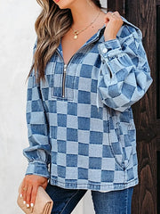 Checkered Half Zip Denim Hoodie Top -