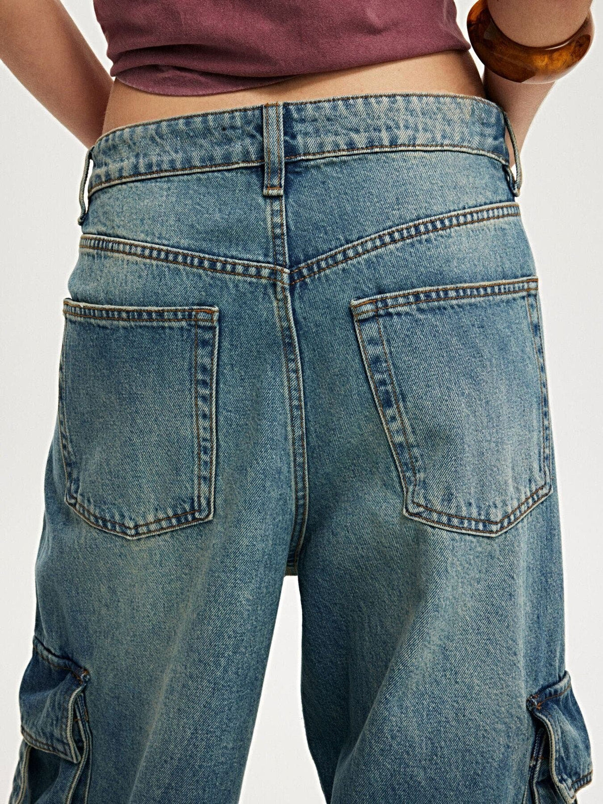 Vintage Wash Wide Leg Cargo Jeans -