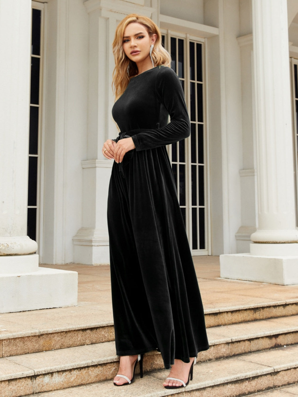 Tie Front Round Neck Long Sleeve Maxi Dress