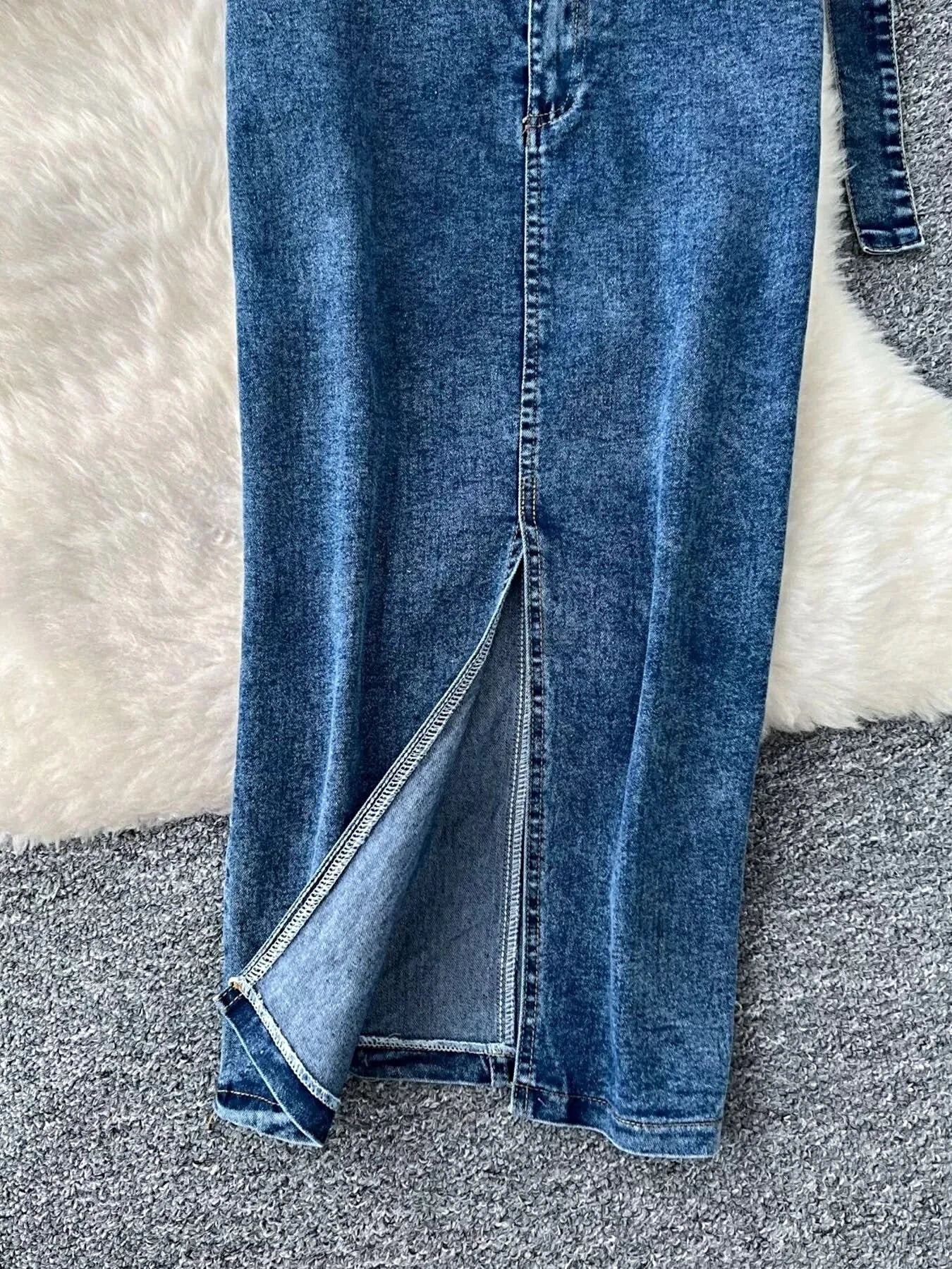 Frayed Denim Patchwork Top & Slit Maxi Skirt Denim Set -