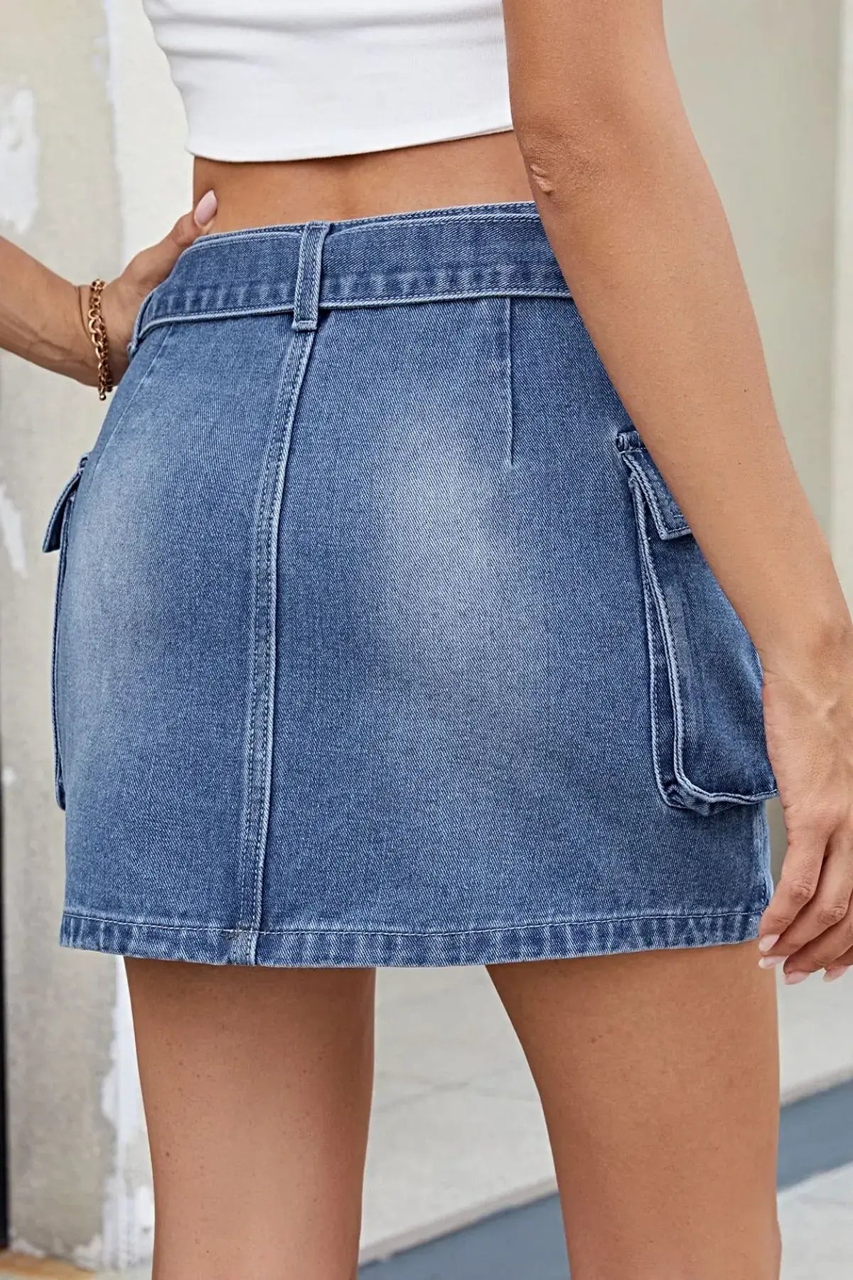 Criss-Cross Waist Detail Denim Mini Skirt -