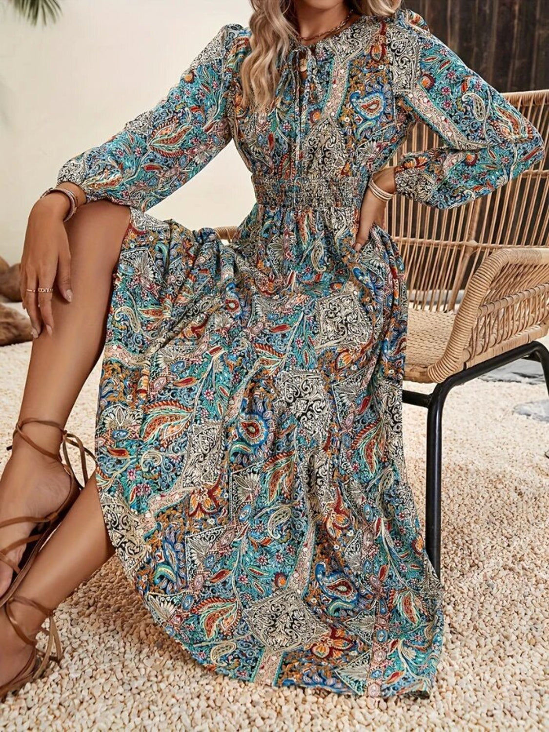 Printed Tie Neck Long Sleeve Maxi Dress