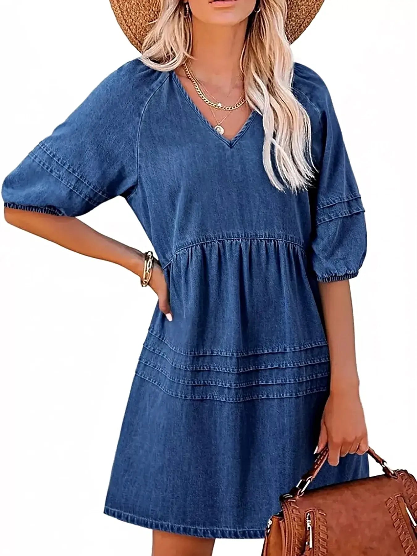 Casual V-Neck Puff Sleeve Denim Mini Dress -