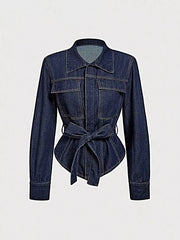 Tie Waist Long Sleeve Denim Jacket -