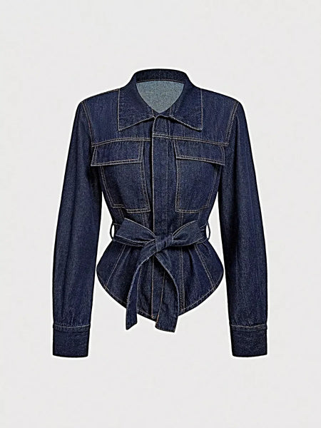 Tie Waist Long Sleeve Denim Jacket -