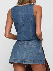 Tie-Front Tank and Skirt Denim Set -