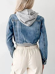 Distressed Zip Up Cropped Hooded Denim Jacket -