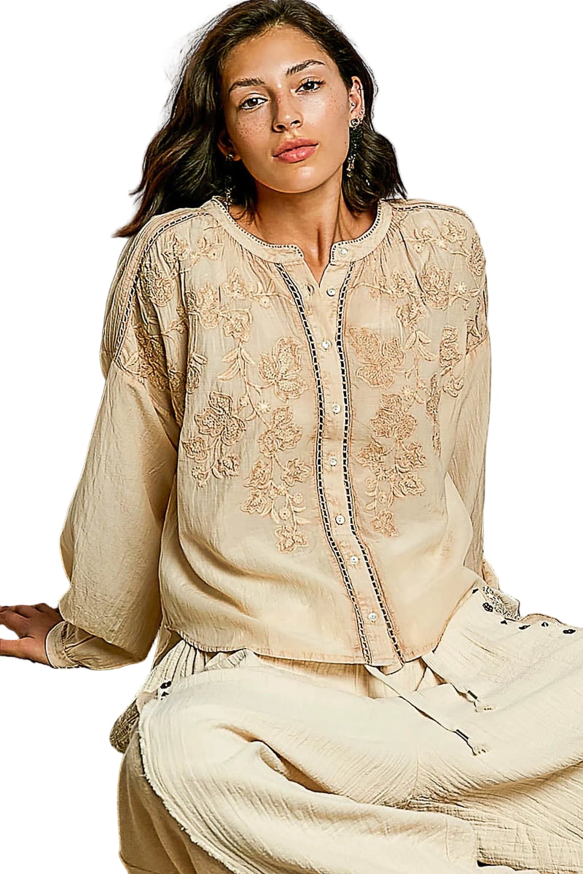POL Embroidery Button Down Long Sleeve Washed Shirt -