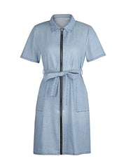 Full Size Zip Front Short Sleeve Denim Dress Plus Size -