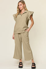 Double Take Texture Ruffle Short Sleeve Top and Drawstring Wide Leg Pants Set Trendsi