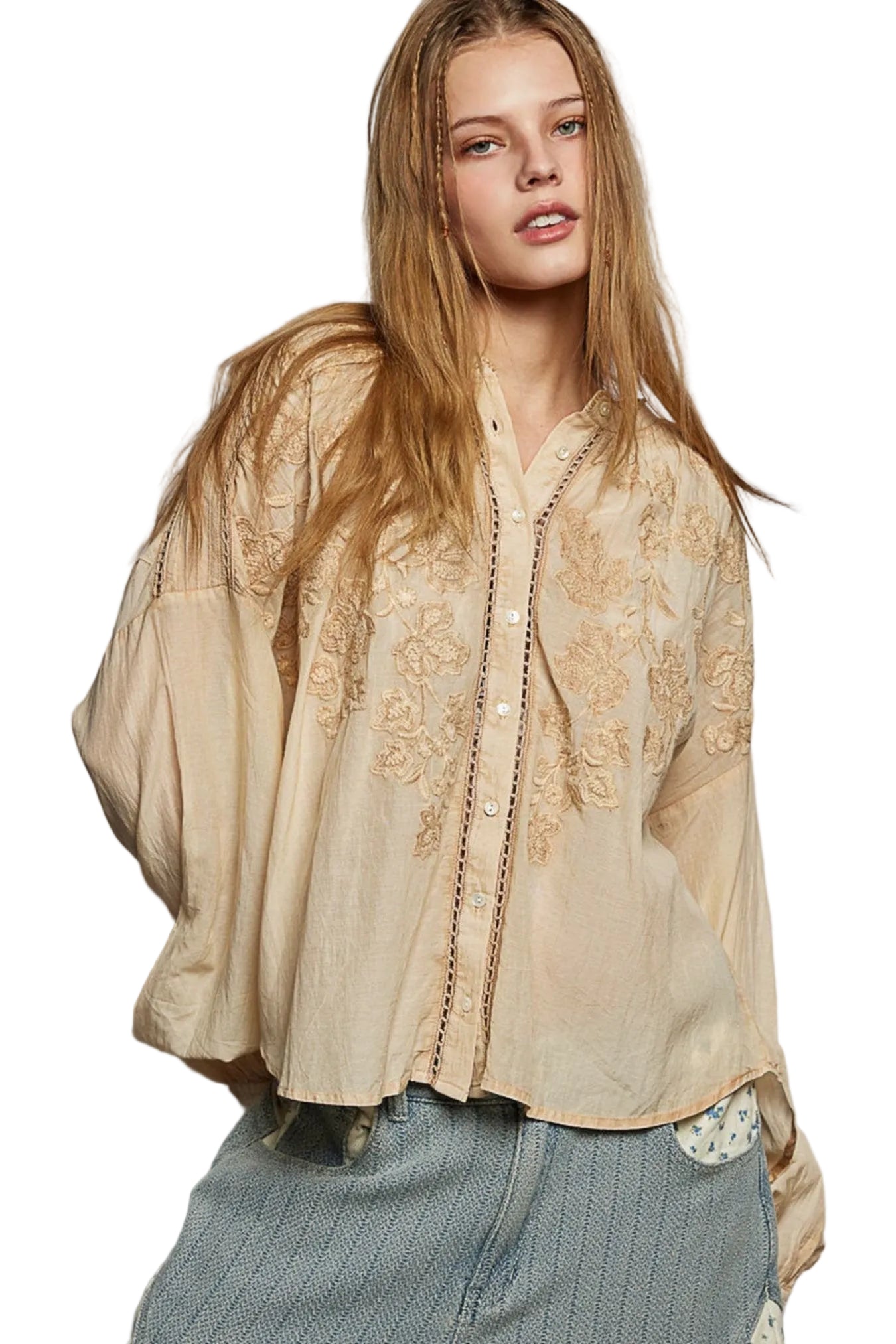 POL Embroidery Button Down Long Sleeve Washed Shirt -