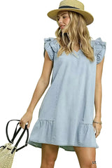 Umgee Chambray Ruffled Denim Dress with Side Pockets -