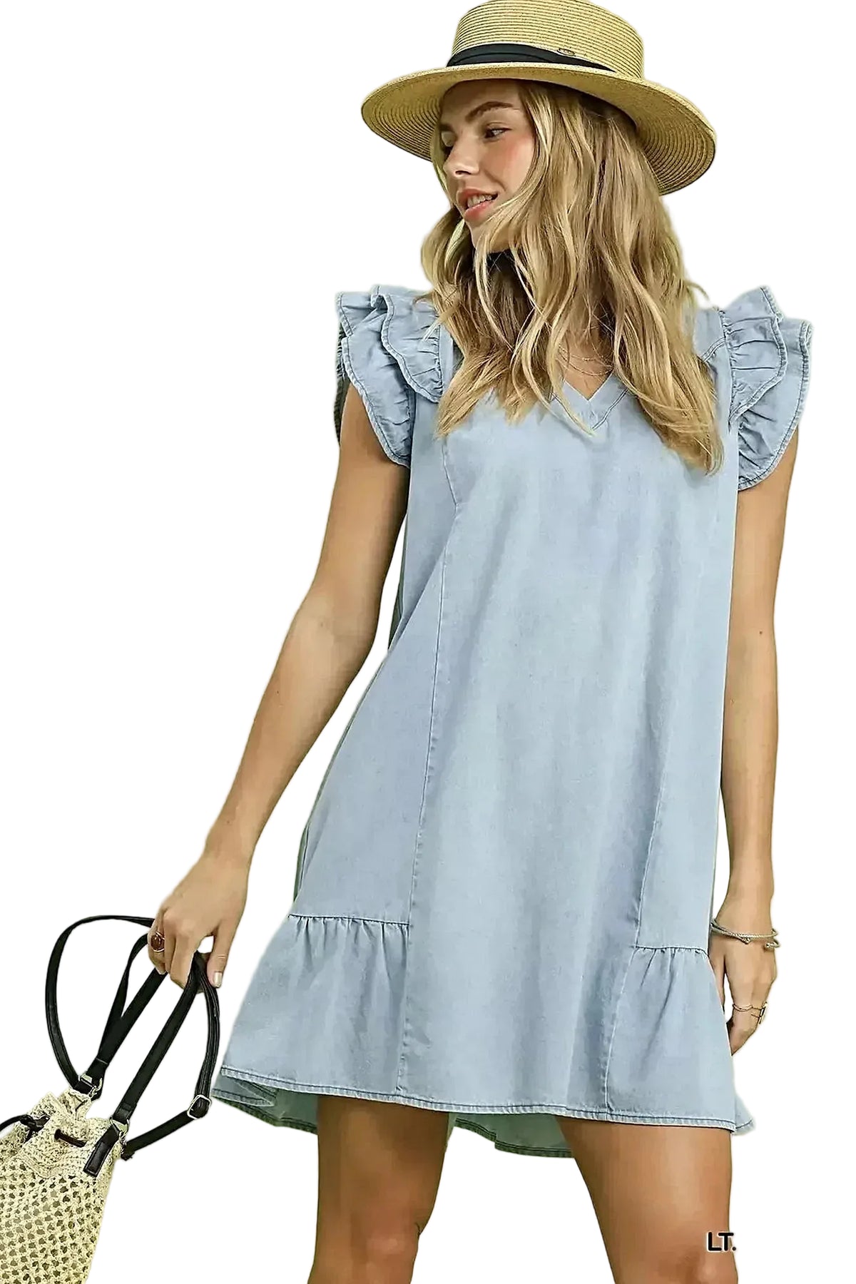 Umgee Chambray Ruffled Denim Dress with Side Pockets -