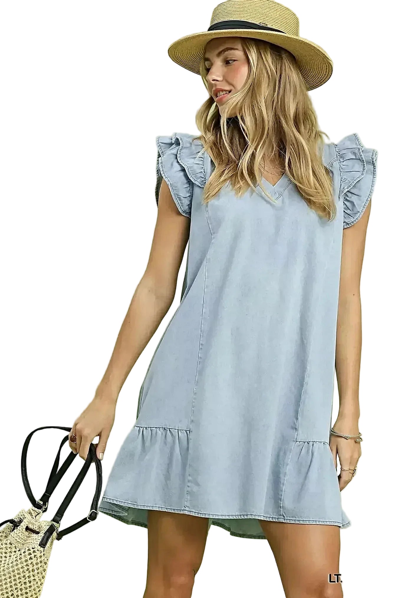 Umgee Chambray Ruffled Denim Dress with Side Pockets -