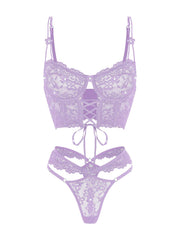 Elegant presentation of the Lavender Lace Bralette and Thong Set with luxurious lace bralette and thong, showcasing 3D floral appliqué and pearl details.