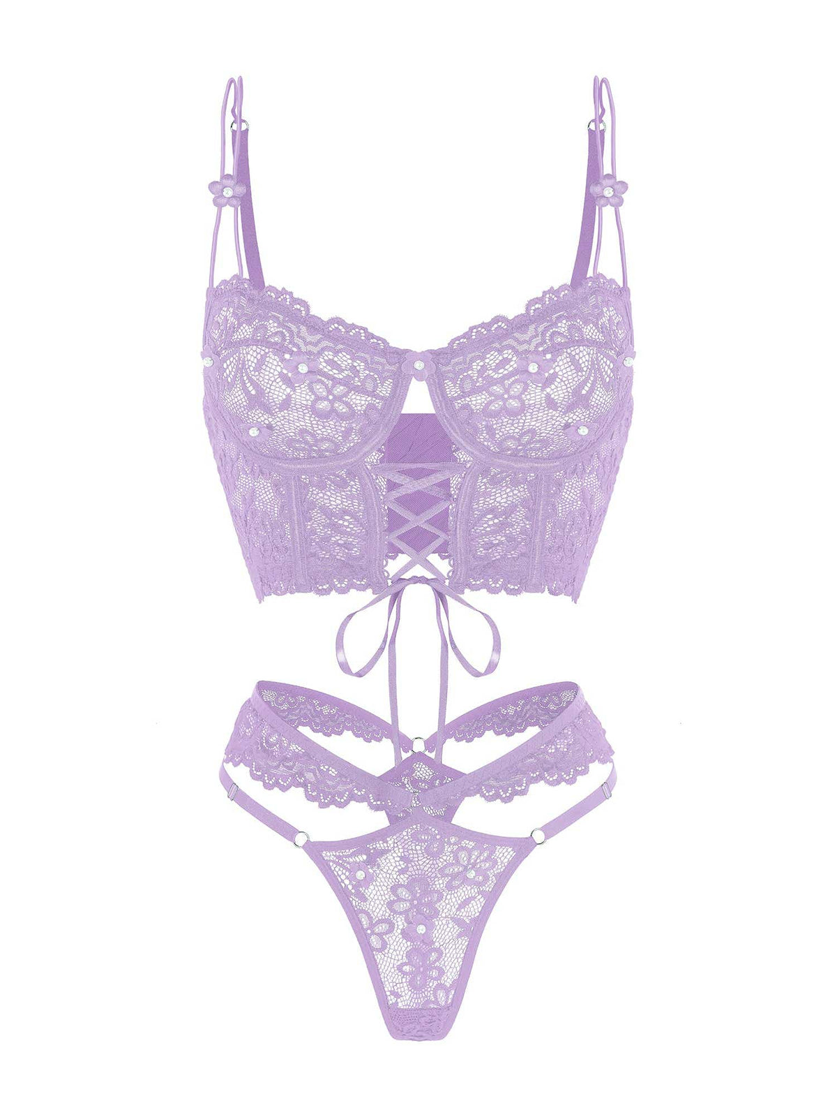 Elegant presentation of the Lavender Lace Bralette and Thong Set with luxurious lace bralette and thong, showcasing 3D floral appliqué and pearl details.