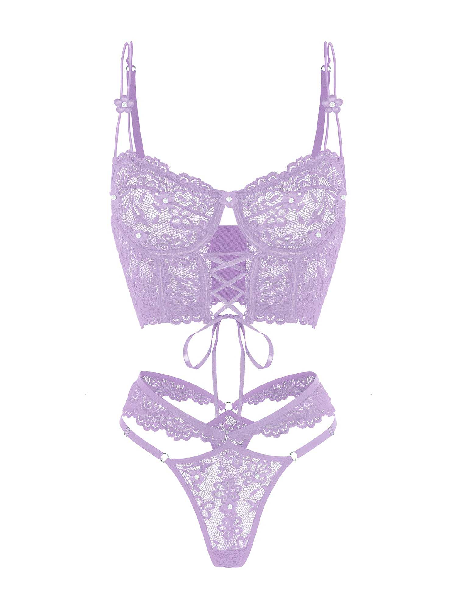Elegant presentation of the Lavender Lace Bralette and Thong Set with luxurious lace bralette and thong, showcasing 3D floral appliqué and pearl details.