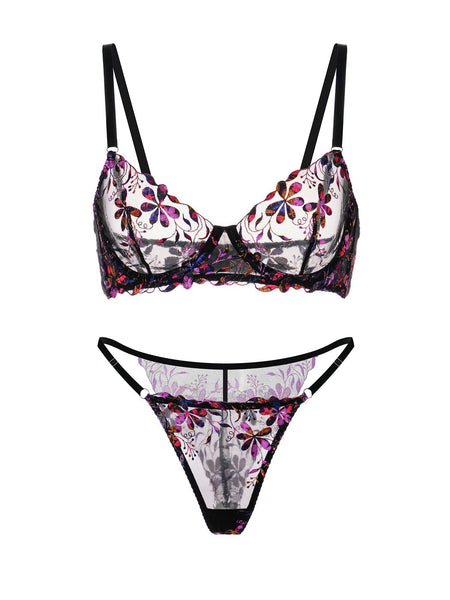 Midnight Blossom Lace Embroidered Lingerie Set - 2 pcs set