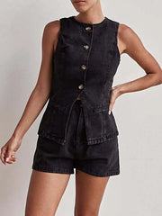 Button Down Vest and Shorts Denim Set -