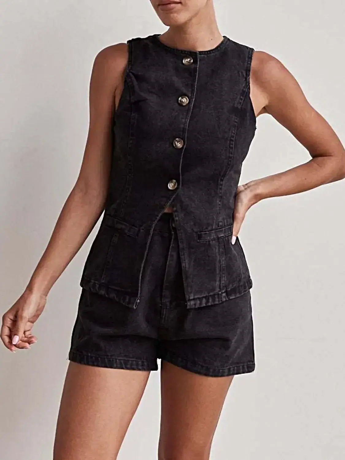 Button Down Vest and Shorts Denim Set -