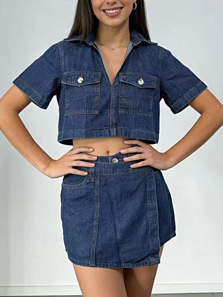 Short Sleeve Cropped Top and Skort Denim Set -