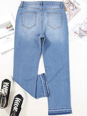 Whiskered Wash Raw Hem Cropped Jeans -