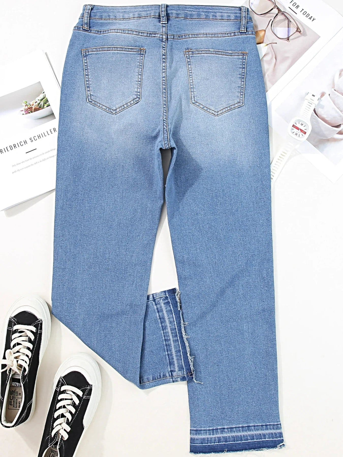 Whiskered Wash Raw Hem Cropped Jeans -