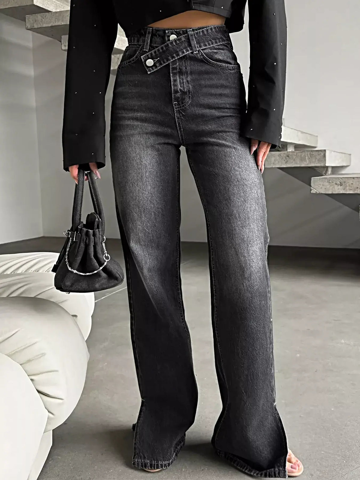 High-Waisted Slit Hem Jeans -