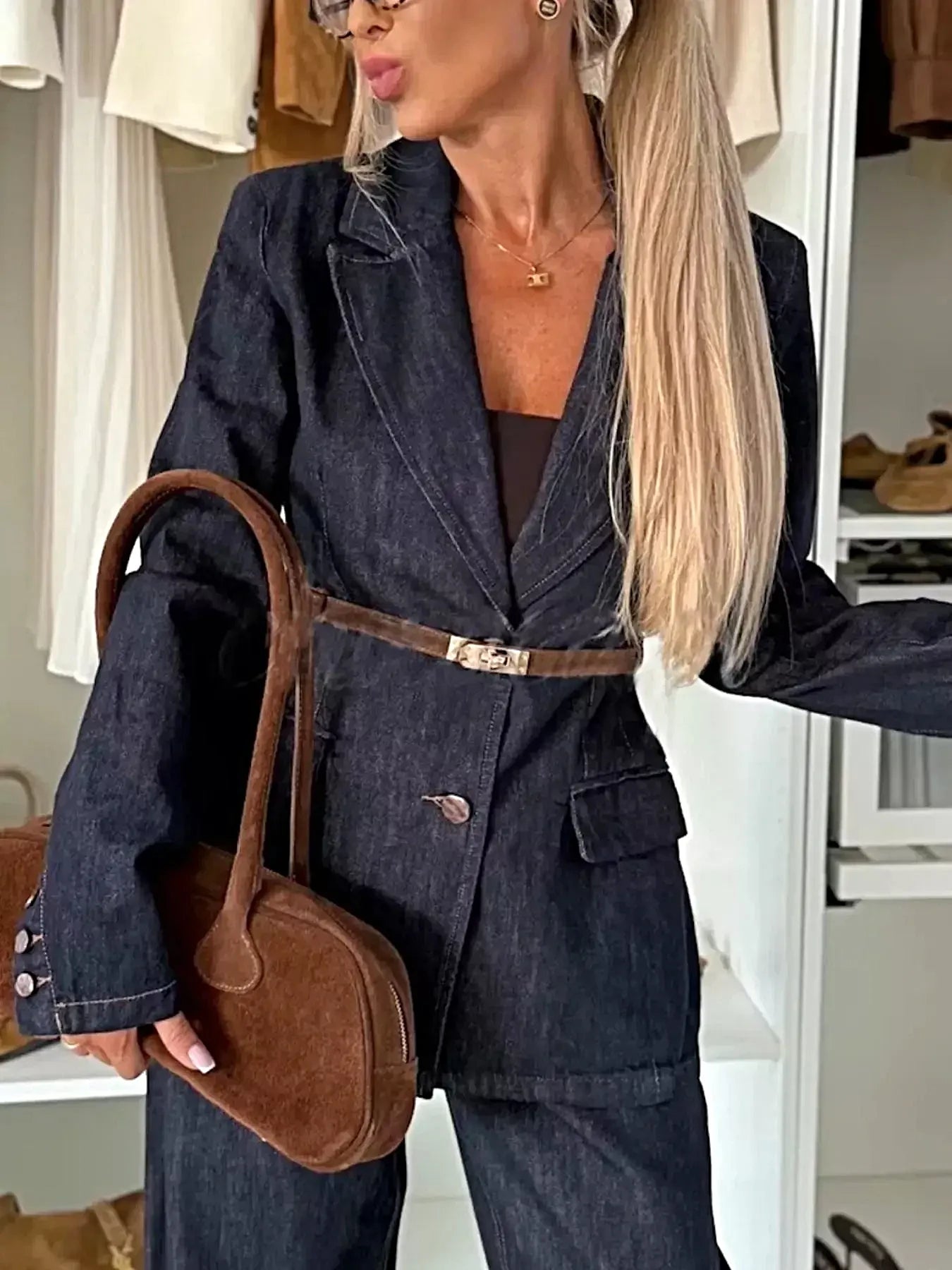 Single-Breasted Washed Denim Blazer -